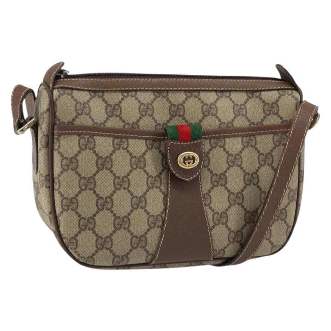 GUCCI GG Supreme Web Sherry PVC Shoulder Bag Beige Gold 001 904 2032 Auth: GUCCI GG Supreme Web Sherry PVC Shoulder Bag Beige Gold 001 904 2032 Auth This GUCCI GG Supreme Web Sherry Line Shoulder Bag is a stylish accessory crafted in Italy from PVC leather, featuring a chic