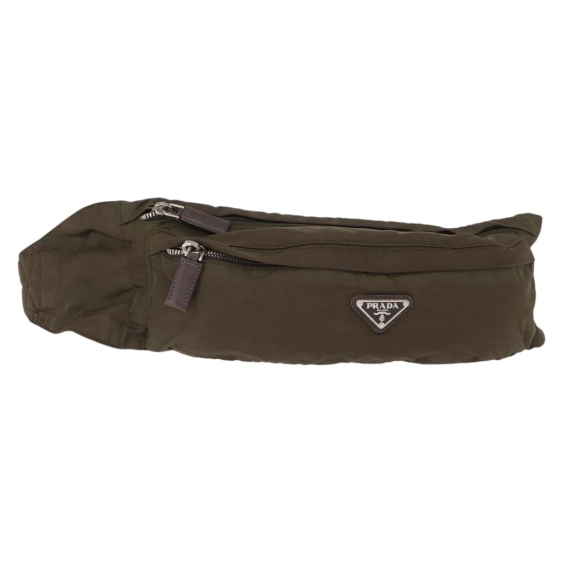 PRADA Khaki Silver Nylon Waist Bag Italy Auth TI3529: PRADA Khaki Silver Nylon Waist Bag Italy Auth TI3529 This PRADA waist bag combines functionality with stylish design, crafted from durable nylon in a chic khaki and silver color scheme. Measuring appr