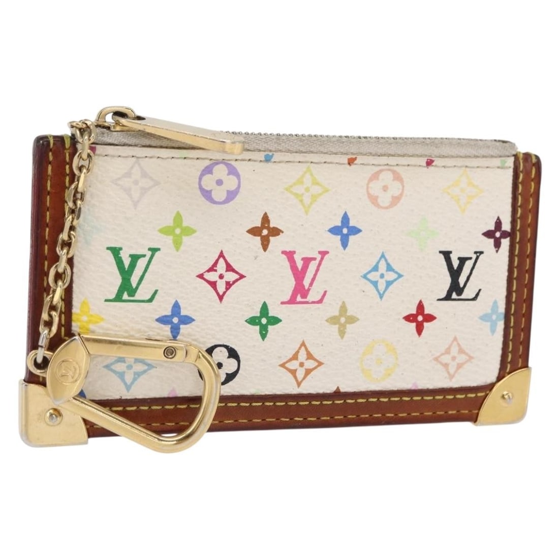 White Multicolor Pochette Cles Coin Purse by Louis Vuitton M92655: White Multicolor Pochette Cles Coin Purse by Louis Vuitton M92655 This Louis Vuitton Multicolor Pochette Cles coin purse features a white Monogram Multicolor canvas exterior. The piece is heavily used