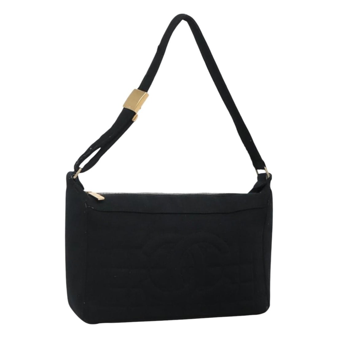 CHANEL Black Canvas Choco Bar Shoulder Bag Auth BA034: CHANEL Black Canvas Choco Bar Shoulder Bag Auth BA034 This CHANEL Choco Bar line shoulder bag is a stylish and durable accessory crafted from black canvas. Made in Italy, this bag features a spacious