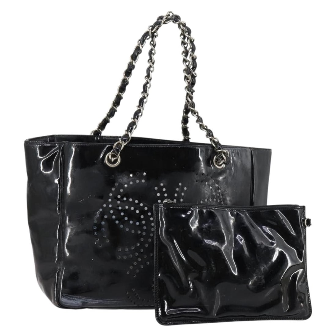 CHANEL Black Patent Leather Punching Chain Shoulder Bag with Pouch Auth 145573 (1 of 18)