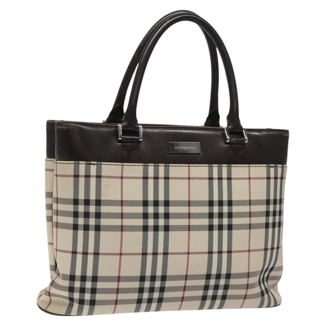 Burberry Nova Check Hand Bag Beige Dark Brown Silver Nylon Auth (1 of 18)
