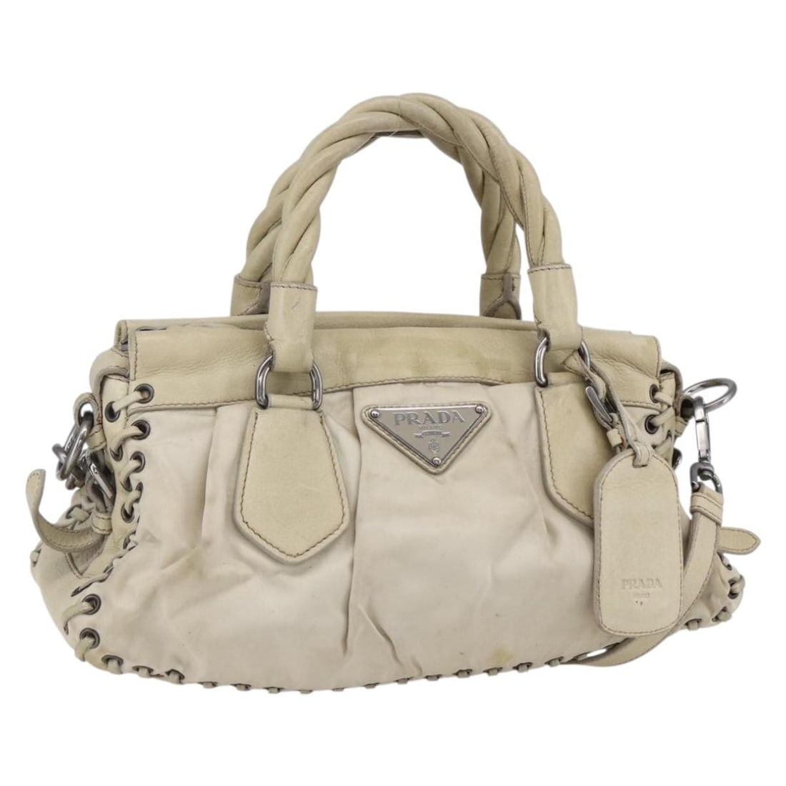 PRADA Beige Silver Leather 2way Hand Bag Authentic 152635 Italy (1 of 18)
