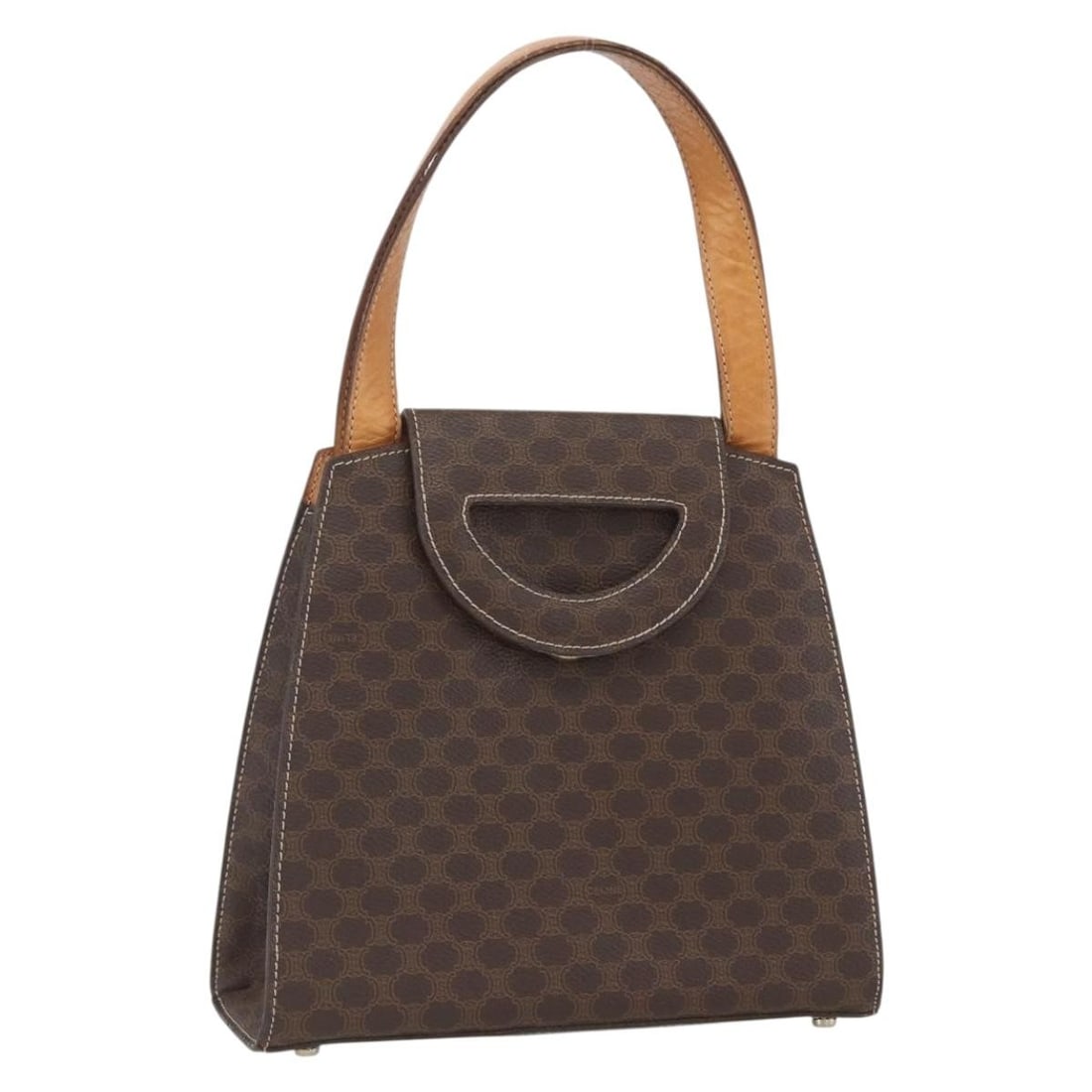 Celine Macadam Brown PVC Leather Handbag Gold Tone Accents Made in Italy: Celine Macadam Brown PVC Leather Handbag Gold Tone Accents Made in Italy This CELINE Macadam hand bag features a classic brown and gold colorway with PVC leather construction. Designed with a top hand