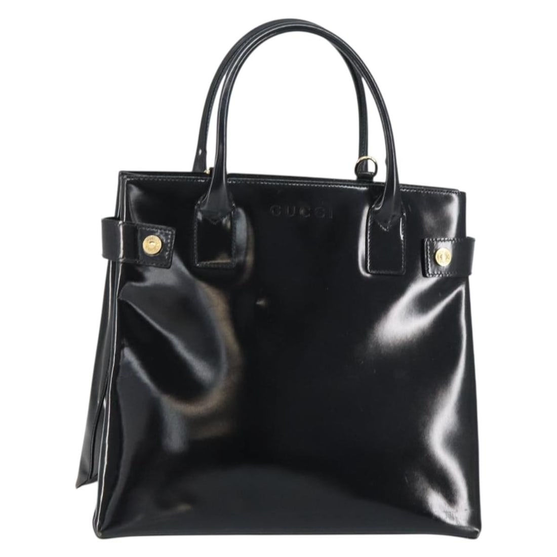 Black and Gold Enamel Gucci Handbag Model 000 1118 0503: Black and Gold Enamel Gucci Handbag Model 000 1118 0503 This GUCCI handbag features a black and gold enamel exterior with a structured silhouette. Crafted in Italy, it offers a spacious interior and a