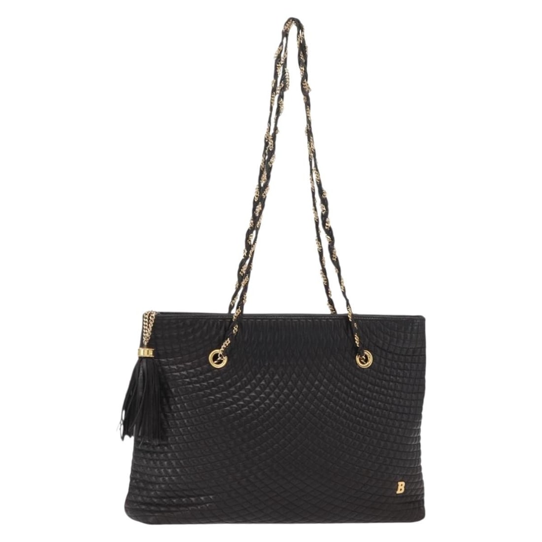 Black Leather Bally Shoulder Bag with Gold Chain Strap: Black Leather Bally Shoulder Bag with Gold Chain Strap This BALLY chain shoulder bag features black leather with gold accents. Made in Italy, it is designed as a practical shoulder bag with a spacious