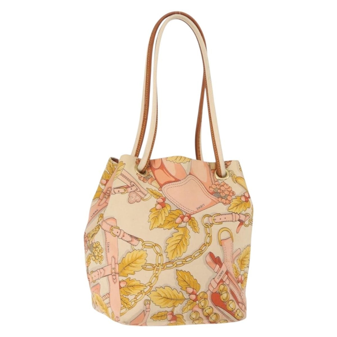 LOEWE Beige Gold Canvas Shoulder Bag Made in Italy: LOEWE Beige Gold Canvas Shoulder Bag Made in Italy This authentic LOEWE shoulder bag showcases a stylish blend of beige and gold canvas, making it a chic accessory for any occasion. Crafted in Italy,