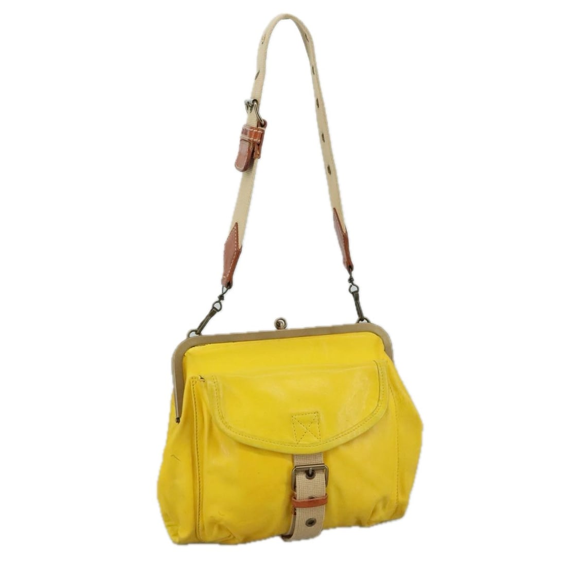 Miu Miu Leather Canvas Shoulder Bag Yellow Beige Made in Italy: Miu Miu Leather Canvas Shoulder Bag Yellow Beige Made in Italy This stylish Miu Miu shoulder bag combines luxurious leather with a chic yellow and beige color palette. Measuring approximately 8.3 inch