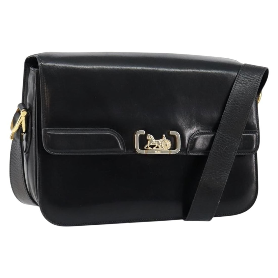 CELINE Horse Carriage Leather Shoulder Bag Black Gold Authentic: CELINE Horse Carriage Leather Shoulder Bag Black Gold Authentic Introducing the CELINE Horse Carriage Shoulder Bag, a luxurious accessory crafted from high-quality leather in a striking black and gold
