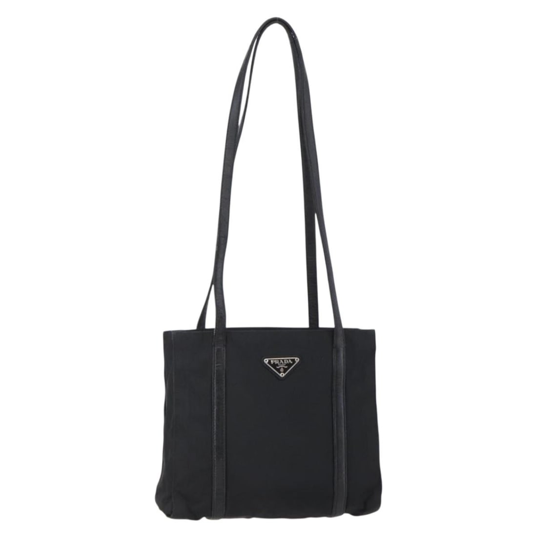 PRADA Black Nylon Shoulder Bag with Silver Accents Authentic: PRADA Black Nylon Shoulder Bag with Silver Accents Authentic This stylish PRADA shoulder bag combines functionality with luxury. Crafted in Italy, it features a durable nylon exterior in a chic black