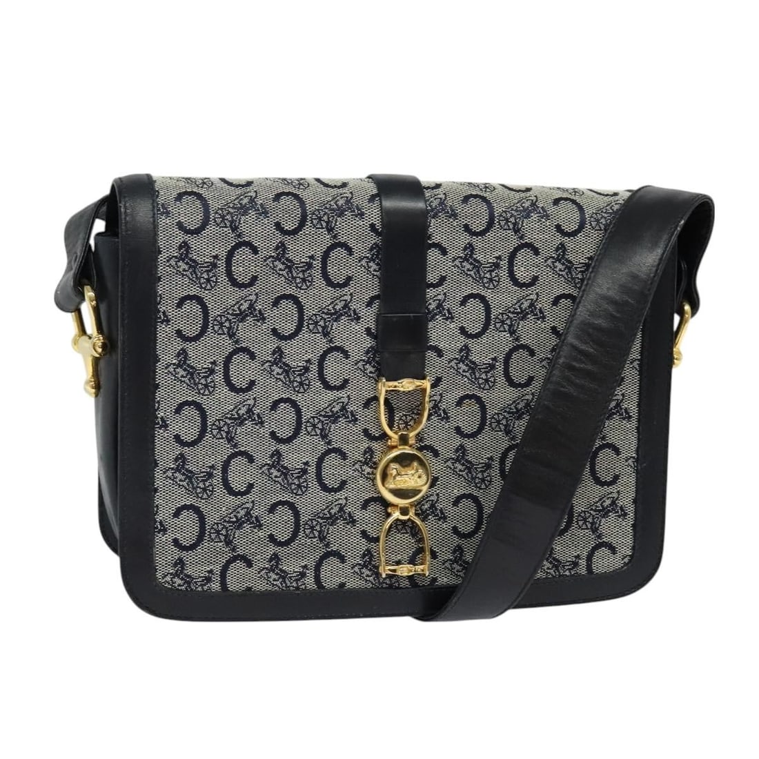 CELINE C Sulky Navy Gold Canvas Shoulder Bag Auth SW991: CELINE C Sulky Navy Gold Canvas Shoulder Bag Auth SW991 Introducing the CELINE C Sulky Shoulder Bag, a stylish accessory crafted from durable canvas in an elegant navy and gold color combination. This