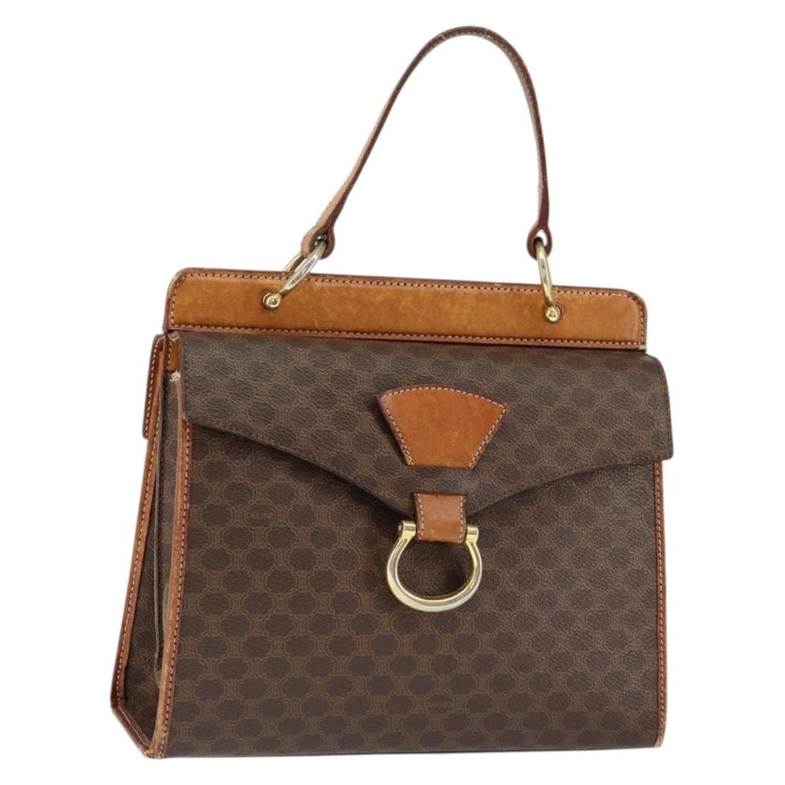 CELINE Macadam Hand Bag PVC Leather Brown Gold Made in Italy: CELINE Macadam Hand Bag PVC Leather Brown Gold Made in Italy This exquisite CELINE Macadam Canvas Hand Bag showcases a stylish combination of brown and gold, crafted from durable PVC leather. With met