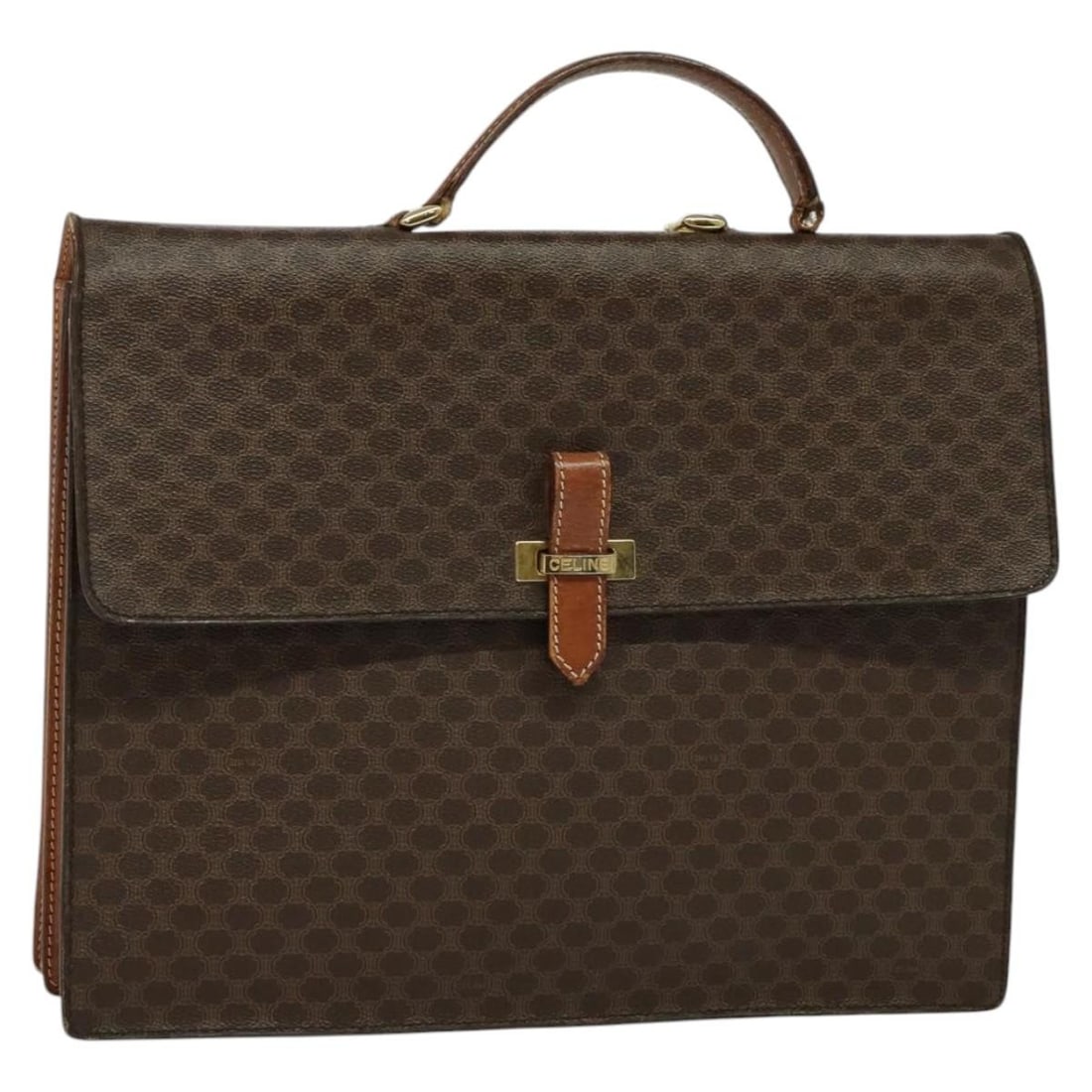 CELINE Macadam Canvas Business Bag PVC Leather Brown Gold Made in Italy: CELINE Macadam Canvas Business Bag PVC Leather Brown Gold Made in Italy Introducing the CELINE Macadam Canvas Business Bag, crafted from durable PVC leather in a sophisticated brown and gold color sch