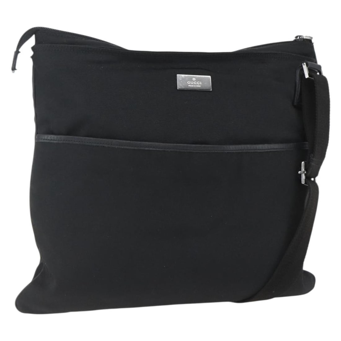 Gucci Black Nylon 141198 Shoulder Bag with Adjustable Strap: Gucci Black Nylon 141198 Shoulder Bag with Adjustable Strap This is a GUCCI shoulder bag crafted from black nylon with silver-tone detailing. Made in Italy, the bag features an adjustable shoulder str