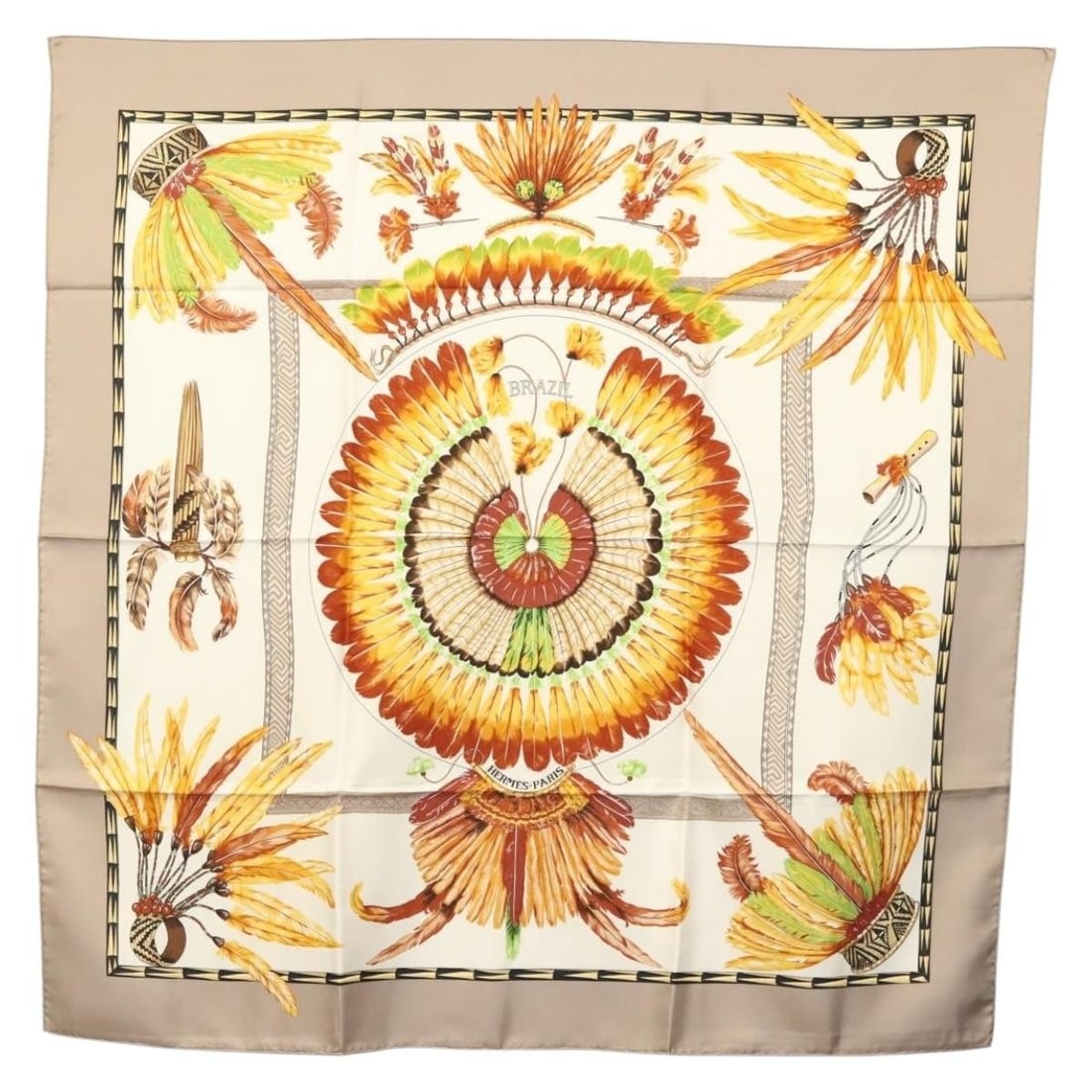 HERMES Carre 90 Scarf BRAZIL Silk Beige Made in France: HERMES Carre 90 Scarf BRAZIL Silk Beige Made in France Elevate your wardrobe with this exquisite HERMES Carre 90 Scarf titled "BRAZIL". This luxurious scarf is crafted from high-quality silk in a soph