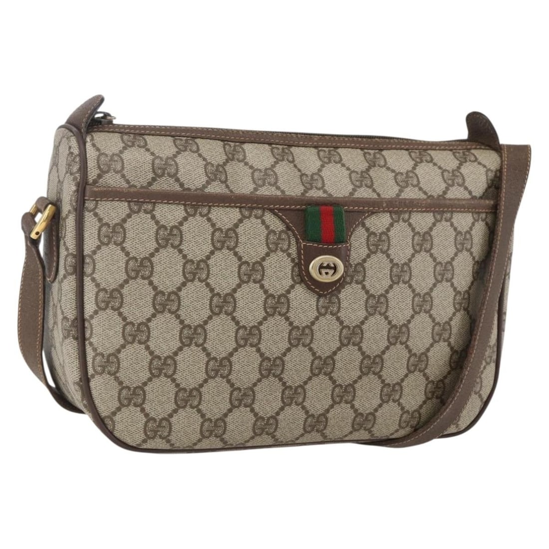 Beige PVC GG Supreme Sherry Line Shoulder Bag by Gucci Model 89 02 077: Beige PVC GG Supreme Sherry Line Shoulder Bag by Gucci Model 89 02 077 This is a Gucci GG Supreme Web Sherry Line shoulder bag crafted in beige and gold PVC leather with GG canvas accents. The bag fea