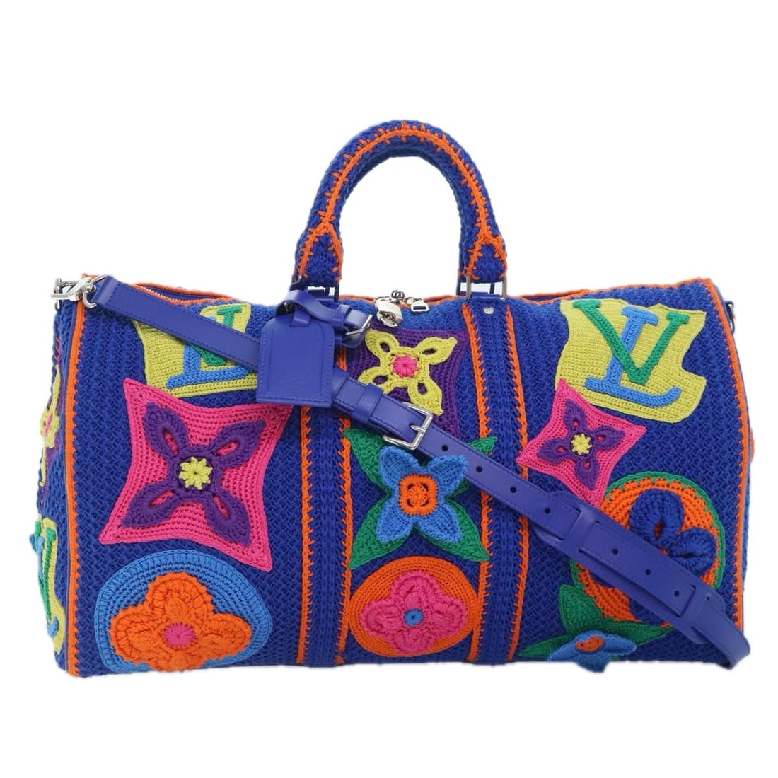 Louis Vuitton Monogram Flower Keepall Bandouliere 50 Bag Blue Multicolor M21895: Louis Vuitton Monogram Flower Keepall Bandouliere 50 Bag Blue Multicolor M21895 This Louis Vuitton Monogram Flower Keepall Bandouliere 50 Bag features a vibrant combination of blue, orange, and multic
