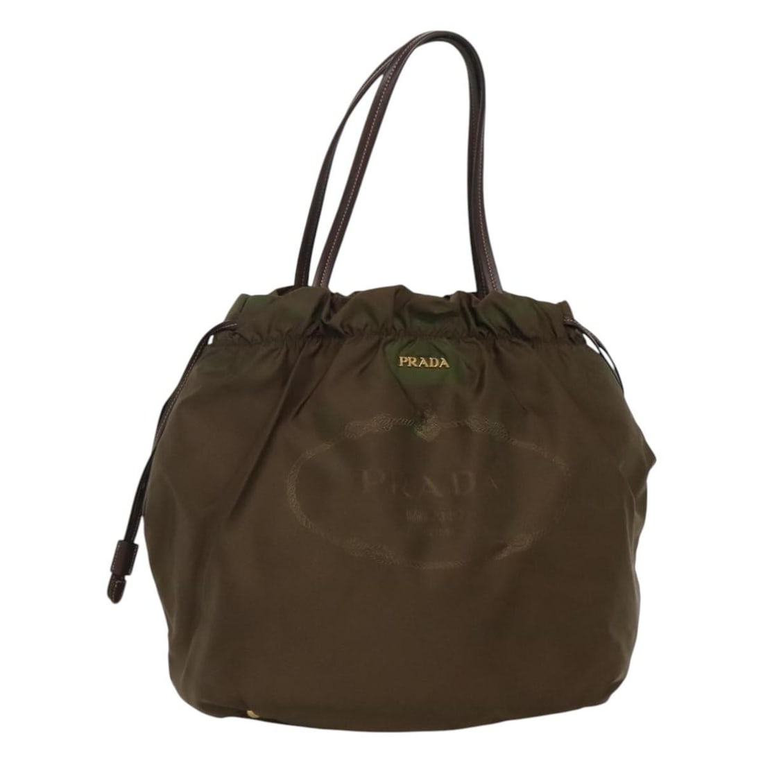 PRADA Khaki Gold Nylon Tote Bag Italy Authentic BD489: PRADA Khaki Gold Nylon Tote Bag Italy Authentic BD489 This authentic PRADA Tote Bag is crafted from durable nylon in a stylish khaki and gold color scheme. The bag measures approximately 13.8 inches (