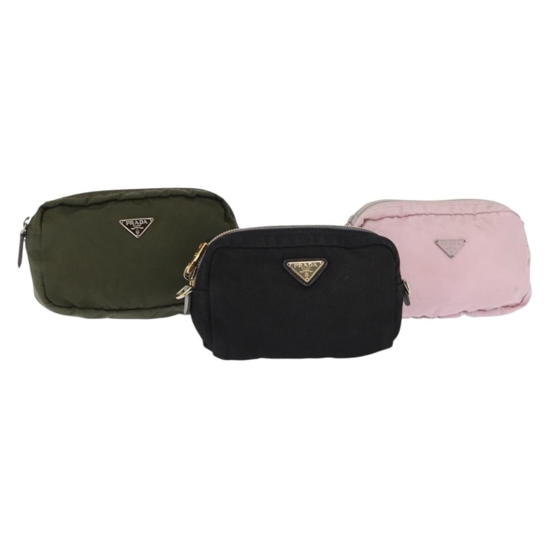PRADA Nylon Pouch Set 3 Pieces Black Pink Khaki Authentic: PRADA Nylon Pouch Set 3 Pieces Black Pink Khaki Authentic This PRADA pouch set features three stylish pieces crafted from durable nylon canvas in a striking combination of black, pink, and khaki color