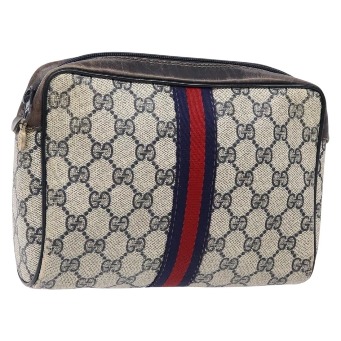 GUCCI GG Supreme Sherry Clutch Bag PVC Navy Gold Italy Auth 139644: GUCCI GG Supreme Sherry Clutch Bag PVC Navy Gold Italy Auth 139644 This authentic GUCCI GG Supreme Sherry Line Clutch Bag is an elegant accessory crafted from PVC leather, featuring a chic navy and go