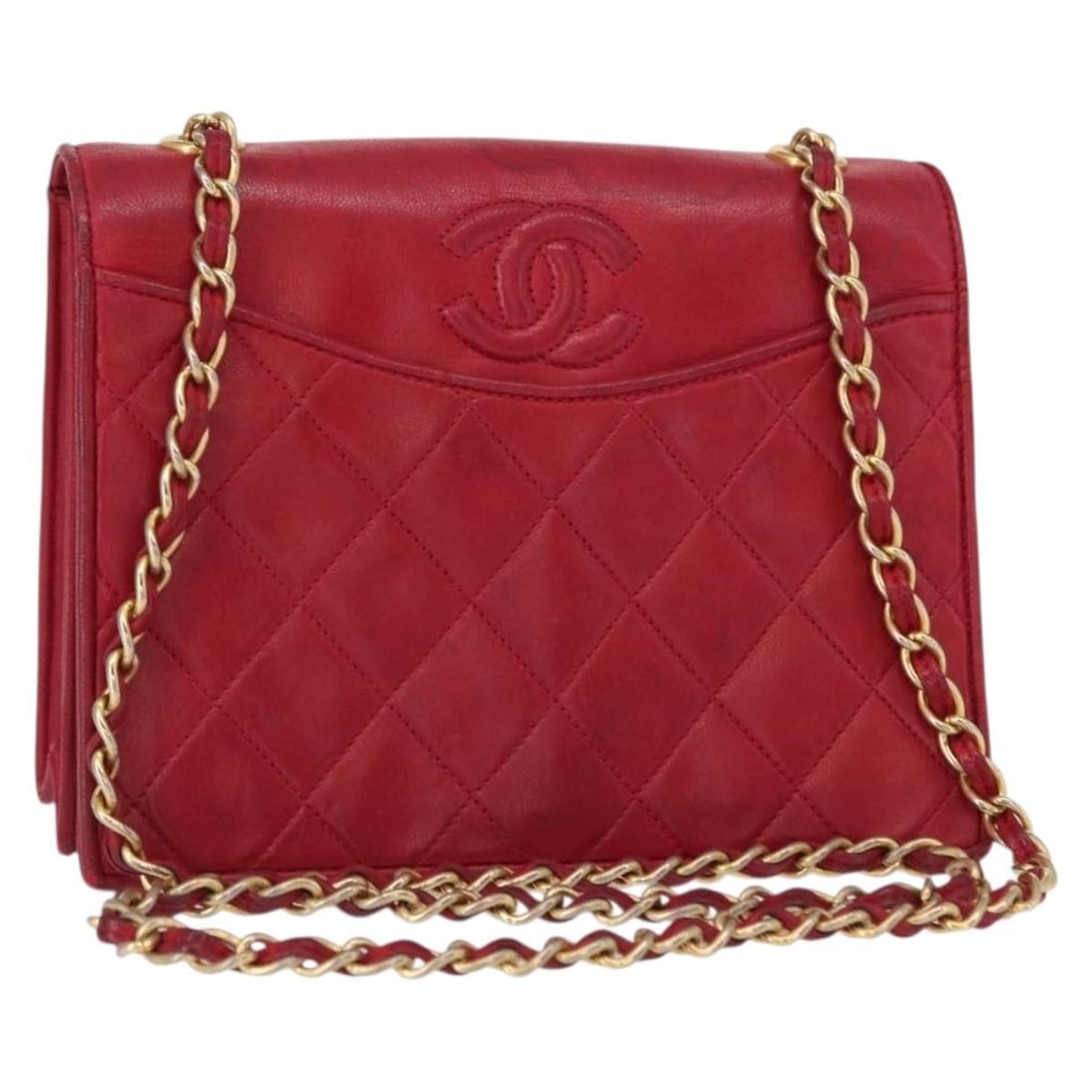 CHANEL Matelasse Red Gold Lamb Skin Shoulder Bag Auth 156350 (1 of 18)