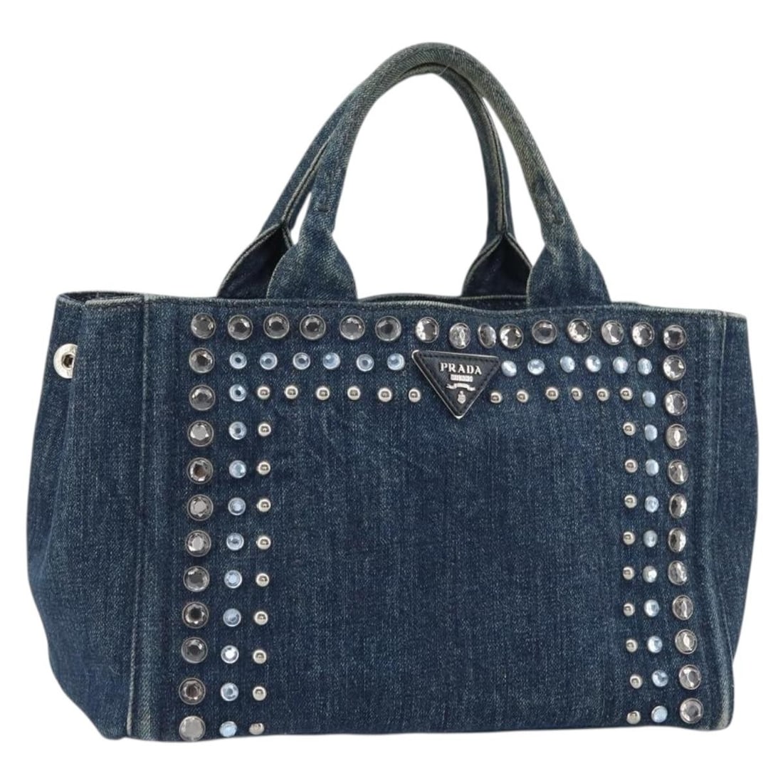 PRADA Bijoux Canapa PM Denim Hand Bag Blue Silver Authentic: PRADA Bijoux Canapa PM Denim Hand Bag Blue Silver Authentic This authentic PRADA Bijoux Canapa PM Hand Bag, crafted in Italy, showcases a stylish blend of denim blue and silver canvas. The bag feature