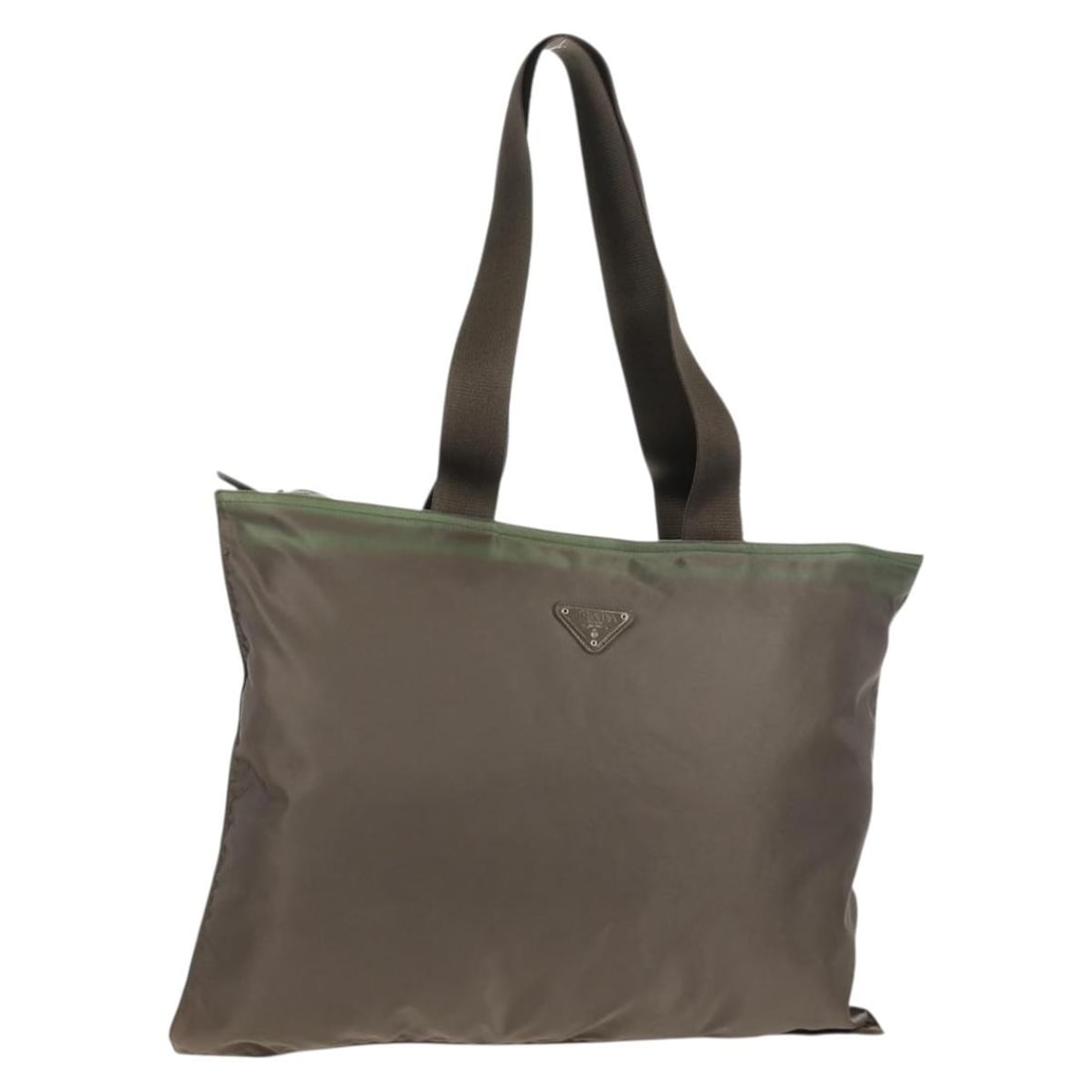 PRADA Khaki Silver Nylon Tote Bag Authentic 148428 Italy: PRADA Khaki Silver Nylon Tote Bag Authentic 148428 Italy Discover the exquisite PRADA Tote Bag, crafted in Italy from durable nylon in a stylish khaki and silver color combination. This tote offers bo