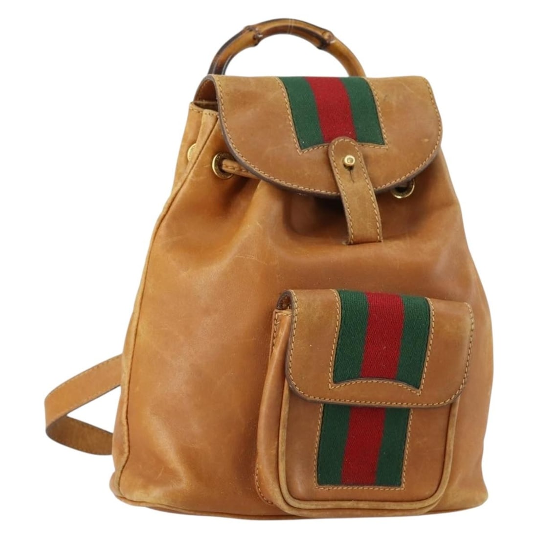 GUCCI Bamboo Web Sherry Line Leather Backpack Brown Red Auth 151581: GUCCI Bamboo Web Sherry Line Leather Backpack Brown Red Auth 151581 This authentic GUCCI Bamboo Web Sherry Line Backpack is crafted from high-quality leather in a striking brown and red color combinat