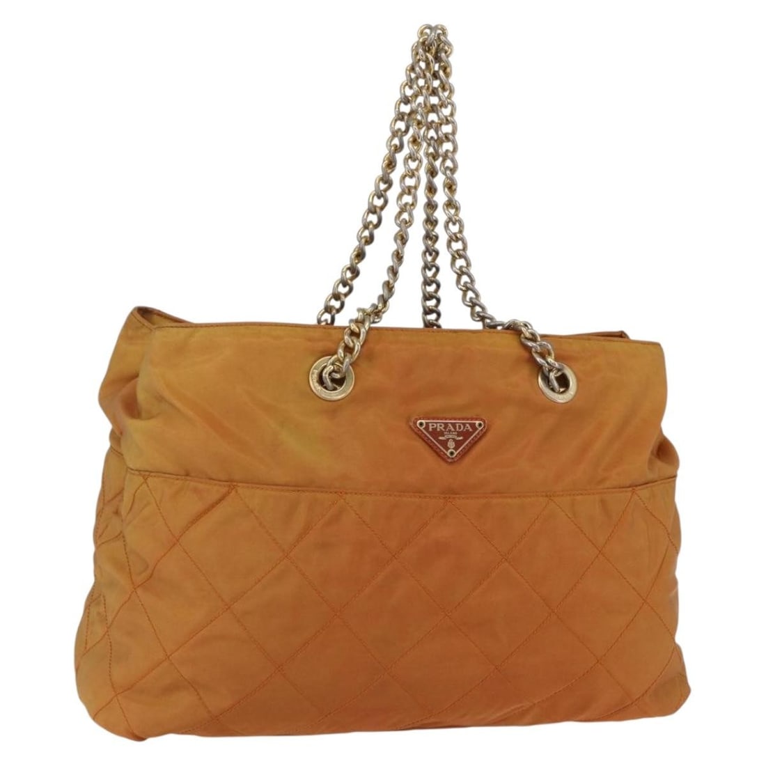 PRADA Orange Gold Chain Shoulder Bag Nylon Made in Italy: PRADA Orange Gold Chain Shoulder Bag Nylon Made in Italy Elevate your accessory collection with this authentic PRADA Chain Shoulder Bag, crafted in Italy from durable nylon. Featuring a striking orang