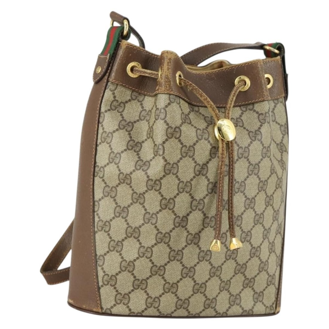 Gucci GG Supreme Beige Web Sherry Line PVC Shoulder Bag 41 02 034: Gucci GG Supreme Beige Web Sherry Line PVC Shoulder Bag 41 02 034 This is a Gucci GG Supreme Sherry Line shoulder bag crafted in Italy from beige and gold PVC leather with GG canvas accents. The bag f