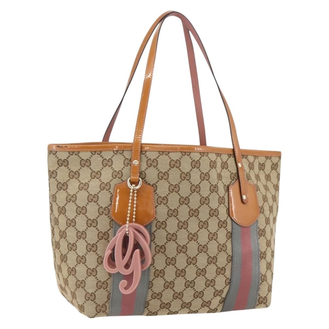 Beige Gold Canvas Sherry Line Tote Gucci GG 211971 with Charm: Beige Gold Canvas Sherry Line Tote Gucci GG 211971 with Charm This is a Gucci GG Canvas Sherry Line Tote Bag in beige and gold, featuring the classic GG canvas material. The bag includes a charm acces