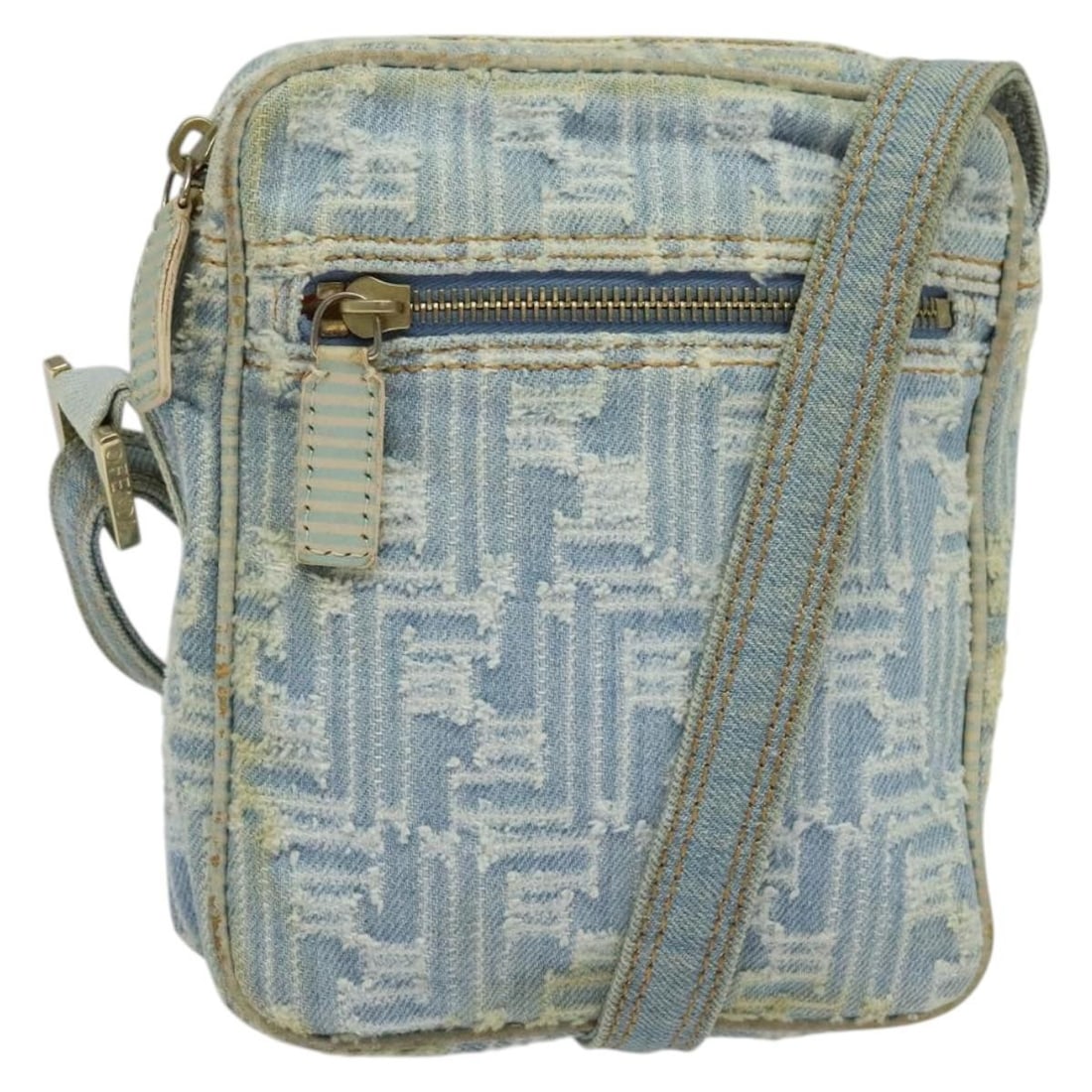 FENDI Zucca Canvas Shoulder Bag Light Blue Gold Made in Italy: FENDI Zucca Canvas Shoulder Bag Light Blue Gold Made in Italy Elevate your accessory collection with this authentic Fendi Zucca Canvas Shoulder Bag. Crafted in Italy, this stylish bag features a light
