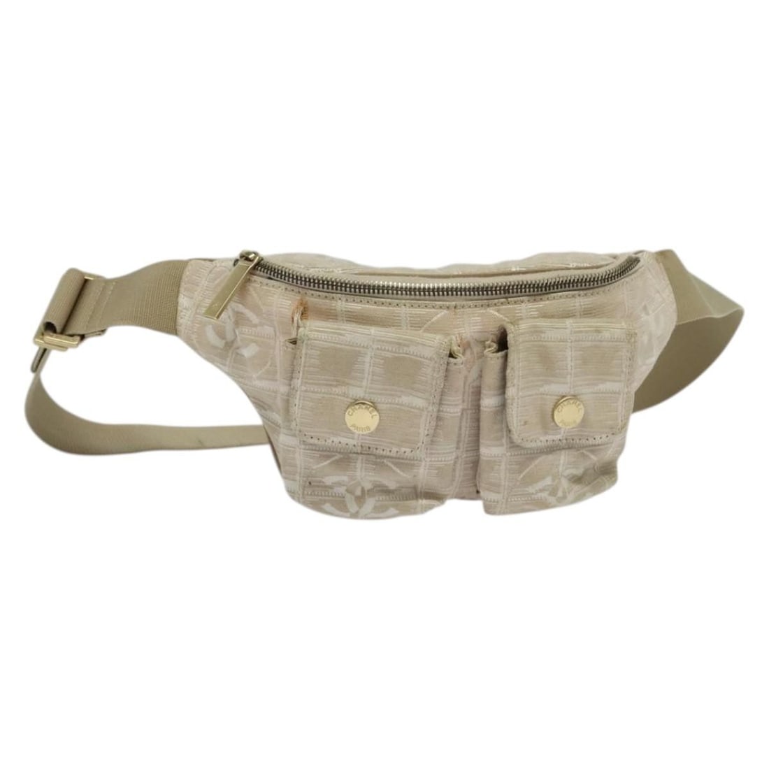 Pink Nylon CHANEL New Travel Line Waist Bag with Gold CC Logo: Pink Nylon CHANEL New Travel Line Waist Bag with Gold CC Logo This is a CHANEL Travel Line waist bag crafted from pink and gold nylon. Made in Italy, the bag features a compact design with a main comp