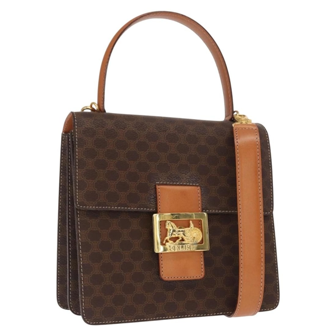 Celine Macadam Canvas Horse Carriage Two Way Handbag Brown PVC Leather Gold Accent: Celine Macadam Canvas Horse Carriage Two Way Handbag Brown PVC Leather Gold Accent This CELINE Macadam Canvas Horse Carriage bag is crafted from durable PVC leather and features the brand's iconic bro