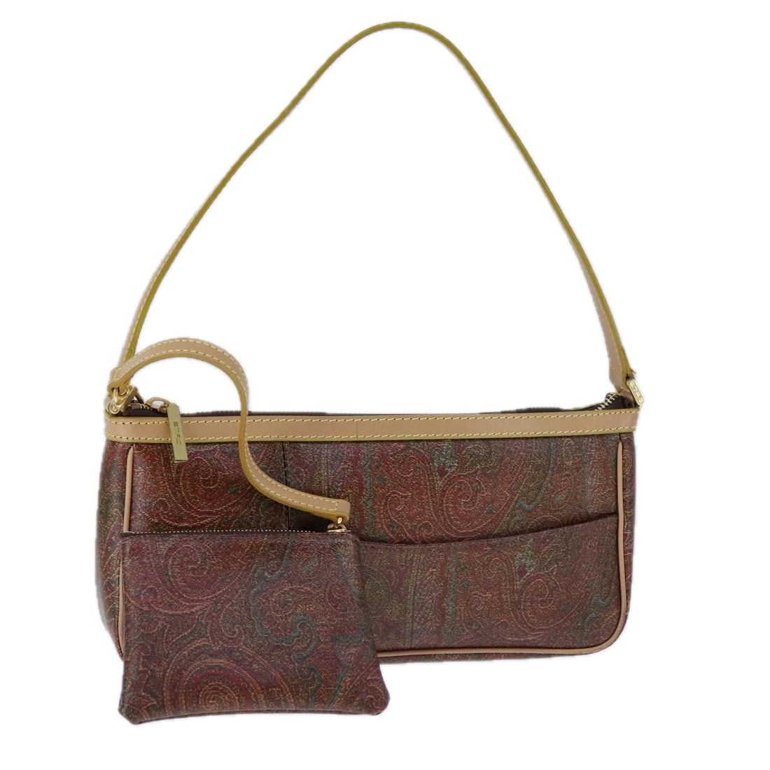ETRO Paisley Shoulder Bag PVC Leather Brown Gold Made in Italy: ETRO Paisley Shoulder Bag PVC Leather Brown Gold Made in Italy Introducing the ETRO Paisley Shoulder Bag, a luxurious accessory crafted in Italy from high-quality PVC leather. This stylish shoulder ba