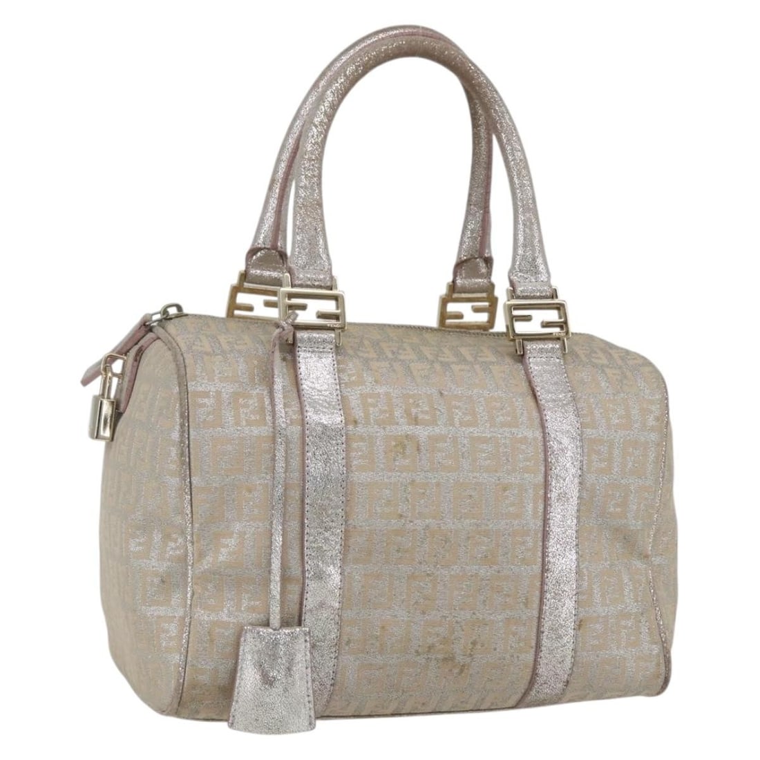 Fendi Zucchino Canvas Silver Boston Bag with Dust Bag and Padlock: Fendi Zucchino Canvas Silver Boston Bag with Dust Bag and Padlock This FENDI Zucchino Canvas Boston Bag features a silver exterior crafted from signature Zucchino canvas. The bag is designed with a st