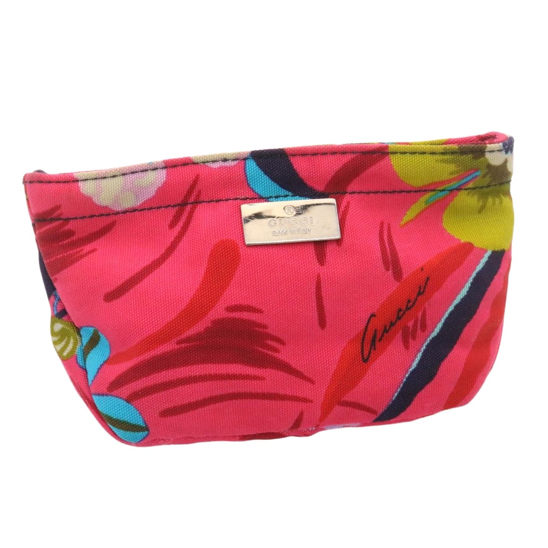 GUCCI Pink Floral Nylon Pouch Made in Italy: GUCCI Pink Floral Nylon Pouch Made in Italy This authentic GUCCI floral pouch is a stylish accessory crafted from high-quality nylon in a vibrant pink hue. Designed for practicality and elegance, it f