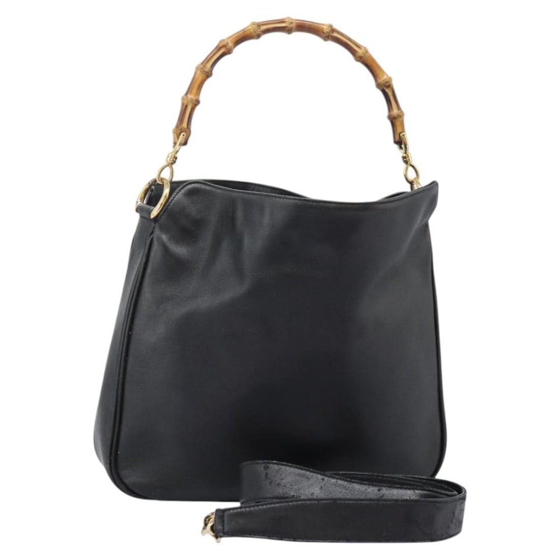 GUCCI Bamboo Shoulder Bag Leather Black Gold 001 3754 1577 Authentic: GUCCI Bamboo Shoulder Bag Leather Black Gold 001 3754 1577 Authentic This exquisite GUCCI Bamboo Shoulder Bag is crafted from premium leather in a striking black and gold color scheme. It features a s