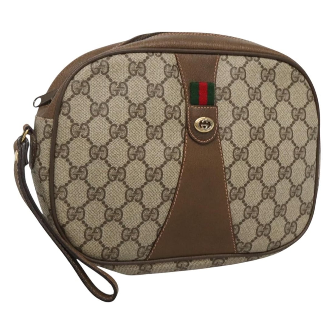 GUCCI GG Supreme Sherry Line Clutch Bag Beige Gold PVC Auth 89 01 034: GUCCI GG Supreme Sherry Line Clutch Bag Beige Gold PVC Auth 89 01 034 This GUCCI GG Supreme Web Sherry Line Clutch Bag is a stylish accessory crafted from durable PVC leather in a sophisticated beige