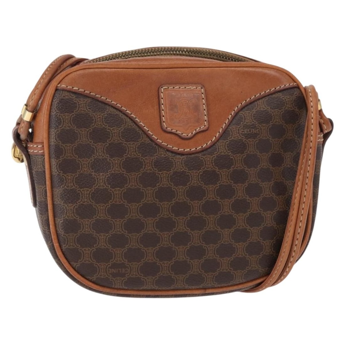 CELINE Brown Gold PVC Leather Macadam Canvas Shoulder Bag Auth M07: CELINE Brown Gold PVC Leather Macadam Canvas Shoulder Bag Auth M07 This CELINE Macadam Canvas Shoulder Bag is a stylish accessory crafted from durable PVC leather and features a chic brown and gold co