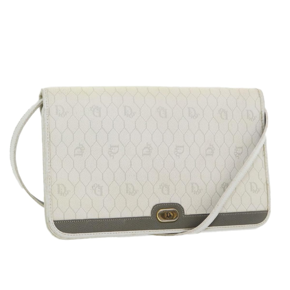 Christian Dior Honeycomb Canvas Shoulder Bag White Gold PVC Leather Made in France (1 of 18)