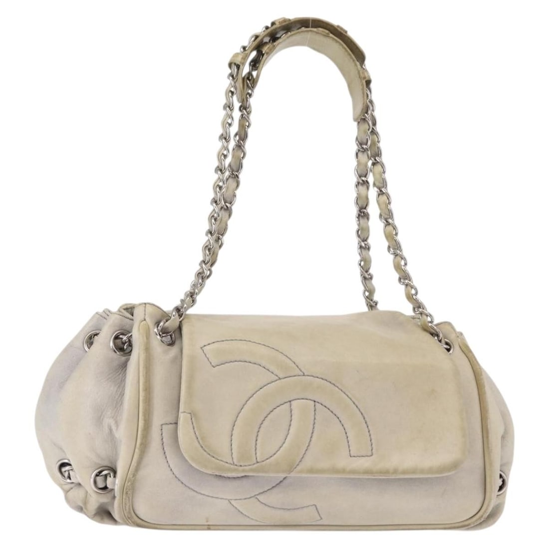 CHANEL Coco Mark Gray Leather Shoulder Bag with Silver CC Auth (1 of 18)