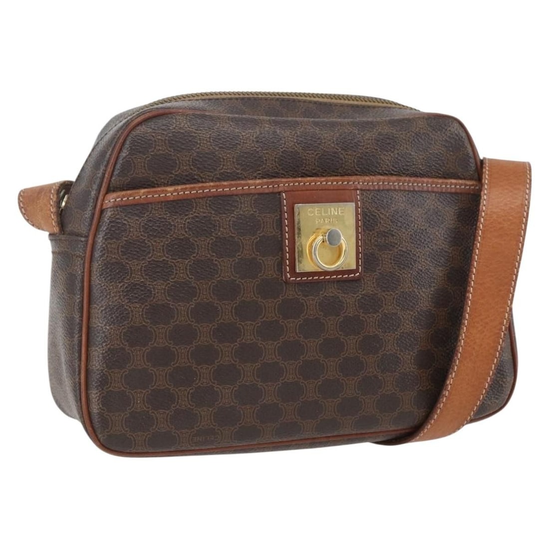 CELINE Macadam Brown Gold PVC Leather Shoulder Bag Authentic: CELINE Macadam Brown Gold PVC Leather Shoulder Bag Authentic This CELINE Macadam Canvas Shoulder Bag epitomizes sophisticated style and functionality. Crafted in Italy, it features a combination of du