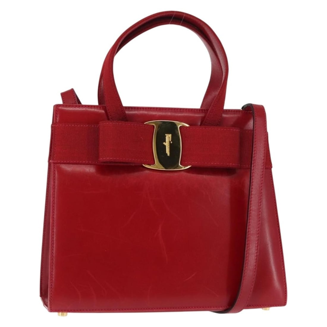 Salvatore Ferragamo Vala Leather Hand Bag Red Gold Italy BA6584 (1 of 18)