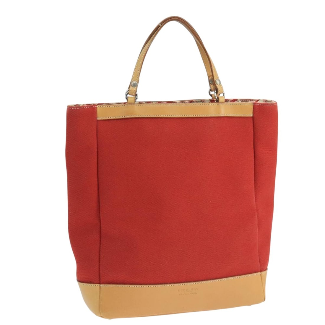 BURBERRY Blue Label Red Canvas Tote Bag Made in Japan: BURBERRY Blue Label Red Canvas Tote Bag Made in Japan This BURBERRY Blue Label Tote Bag, crafted in Japan, offers a stylish yet practical accessory for everyday use. Made from durable canvas, this tot