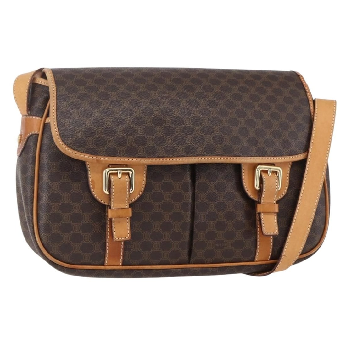 CELINE Macadam Canvas Shoulder Bag PVC Leather Brown Gold Italy Auth (1 of 18)