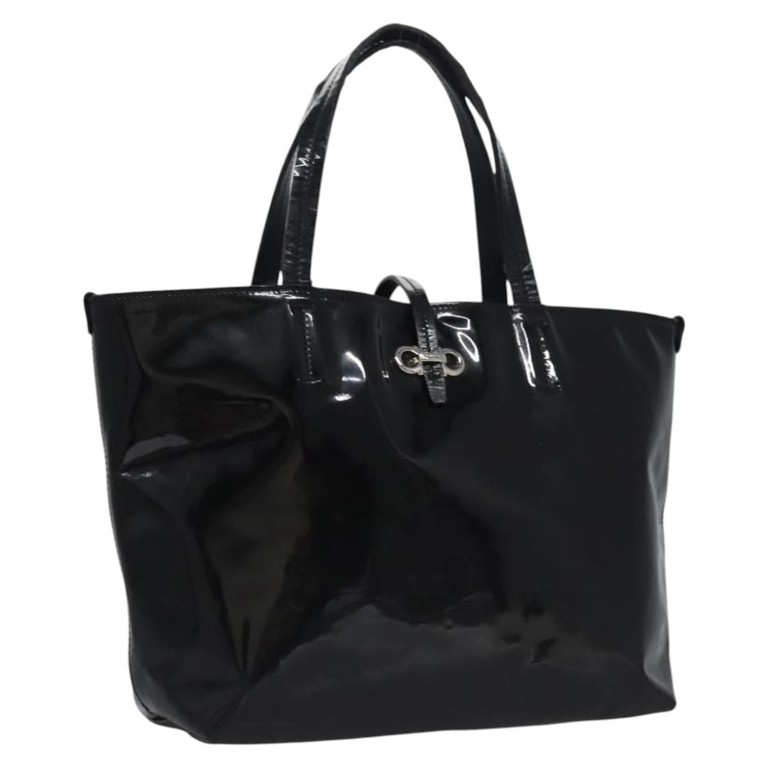 Salvatore Ferragamo Gancini Black Silver Patent Leather Hand Bag Auth (1 of 18)