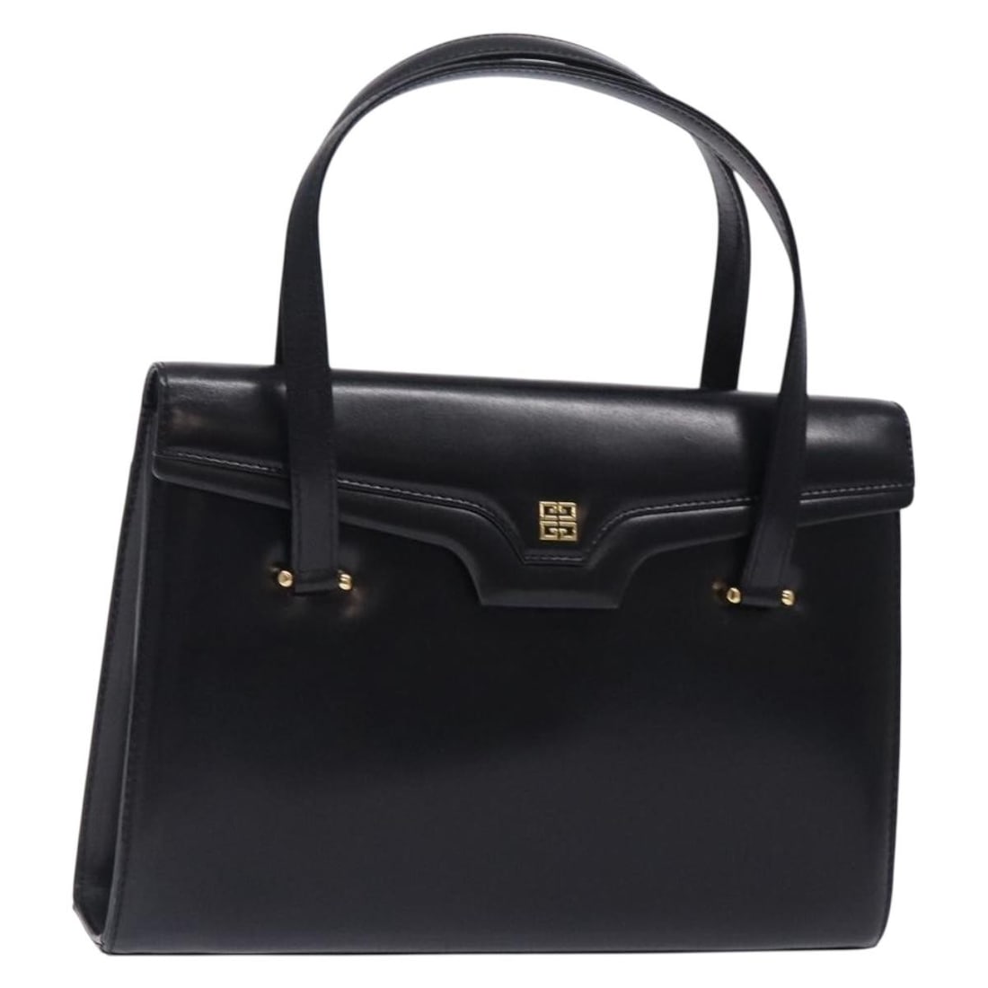 GIVENCHY Black Leather Hand Bag Gold Accents Auth BA4202: GIVENCHY Black Leather Hand Bag Gold Accents Auth BA4202 This GIVENCHY hand bag is crafted from premium leather in a sophisticated black and gold color combination. The compact design measures approxi