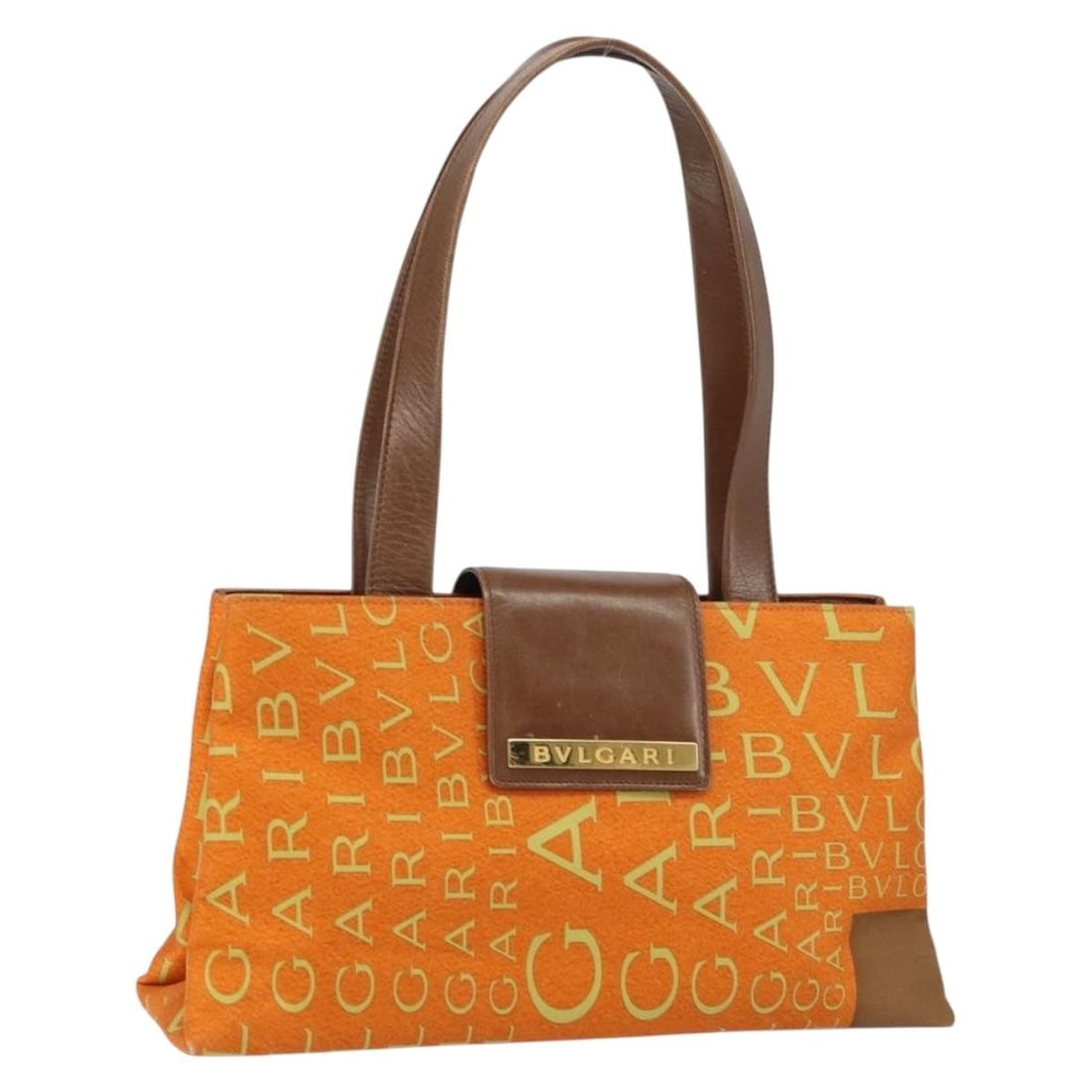 Orange Nylon and Leather Tote by BVLGARI Italy Gold Accents: Orange Nylon and Leather Tote by BVLGARI Italy Gold Accents This BVLGARI tote bag features an orange and gold nylon exterior with leather accents. The bag is made in Italy and offers a spacious interi