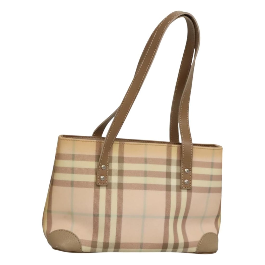 Beige Silver PVC Nova Check Handbag by Burberry Italy: Beige Silver PVC Nova Check Handbag by Burberry Italy This Burberry Nova Check handbag features a classic beige and silver color scheme and is crafted from PVC leather. The bag is made in Italy and de